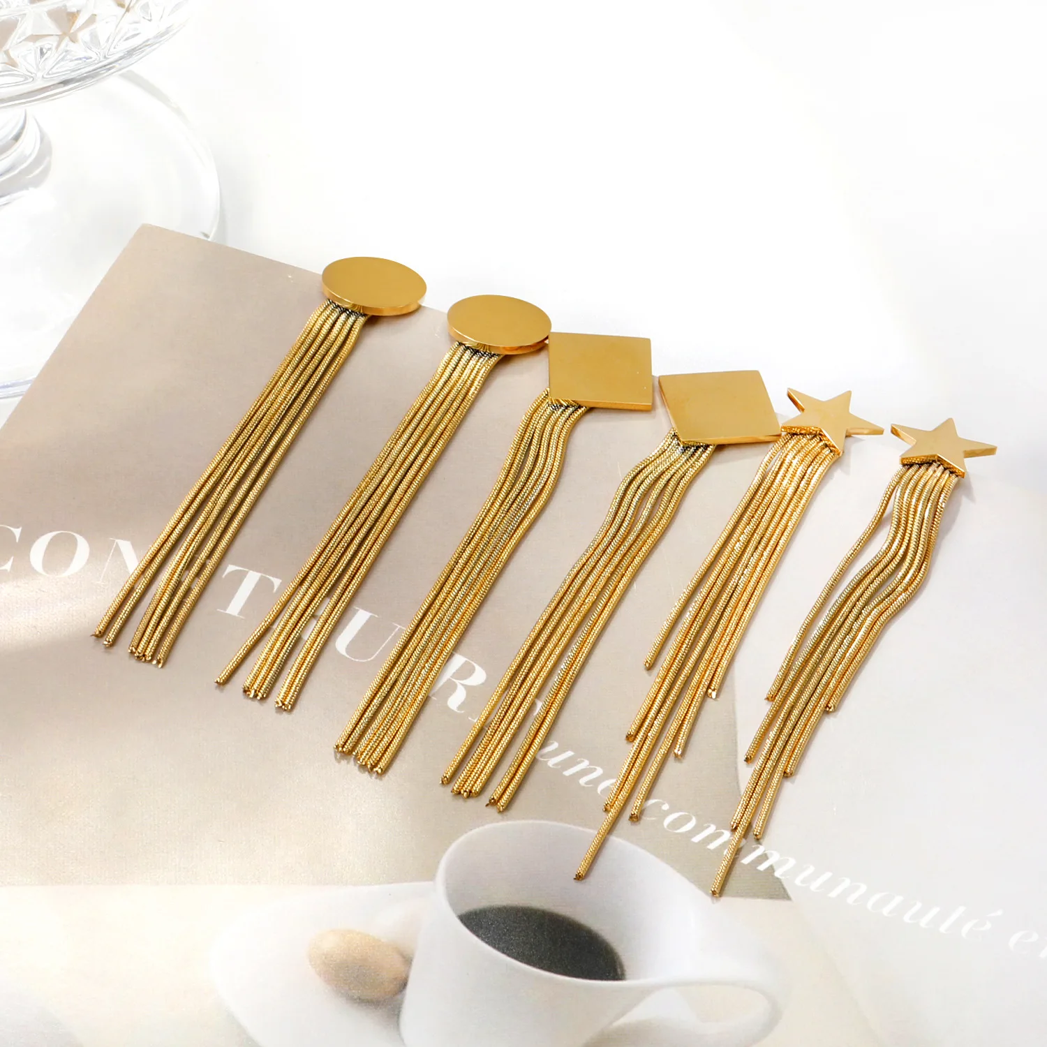 Earrings with a light luxury and high-end feel, long stainless steel chain, niche retro geometric tassel earrings