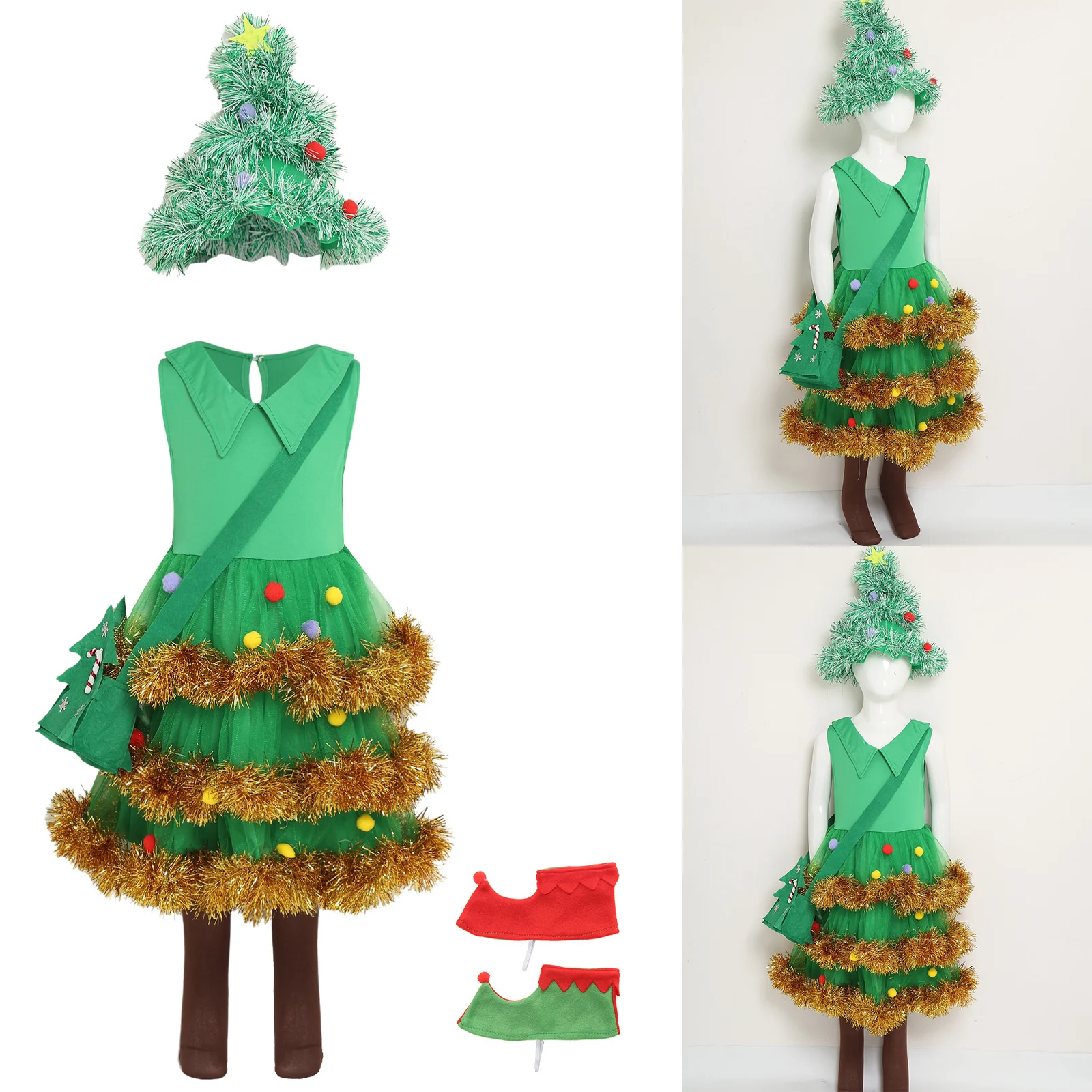 

Enchanting Christmas Tree Style Dress Set for Girls with Tinsel Trim And Pom Pom Details Complete 4 Piece Xmas Dress Up Costume