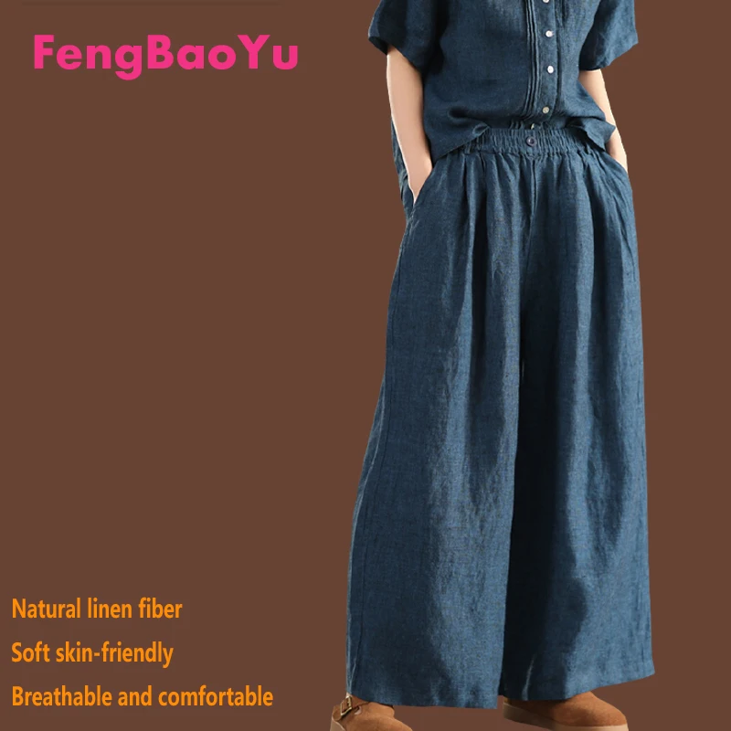 

100% Natural Linen Straight Trousers for Women, Grey Elastic Waist, Loose Wide Legs, Comfortable Outdoor Casual Women's Wear
