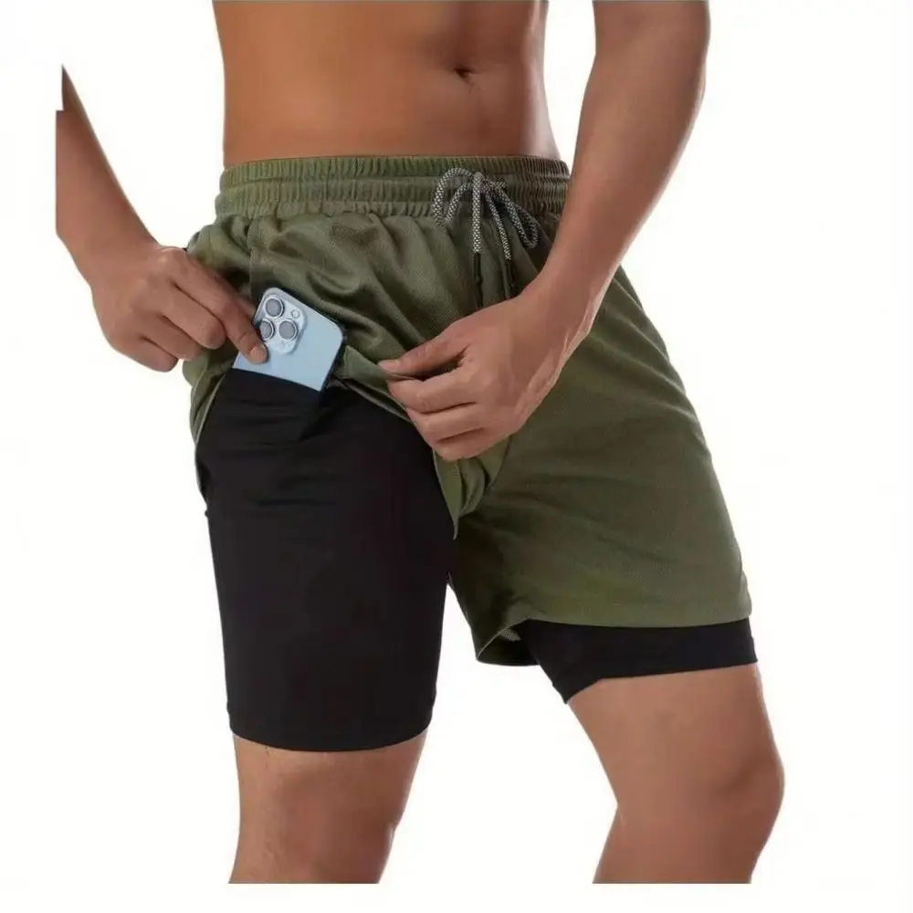 2026 Summer Men's Double-Layer Running Training Shorts  Adjustable Drawstring Waist Sports Gym Shorts