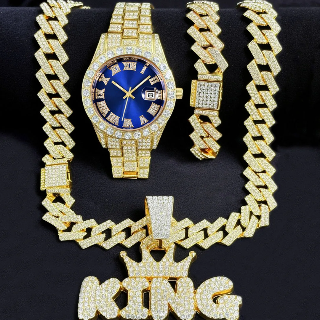 

3PC Mens Iced Out Watch with Diamond Dial and Matching Iced Out Nugget Bracelet Necklace -14k Gold Tone Silver Gold Jewelry Sets