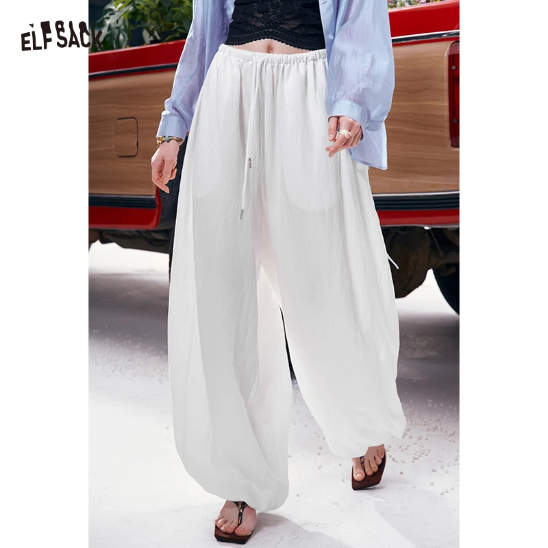 

ELFSACK Oversized Drawstring Waist Wide Leg Pants, Relaxed Fit Casual Trousers, Versatile Daily Wear for Women