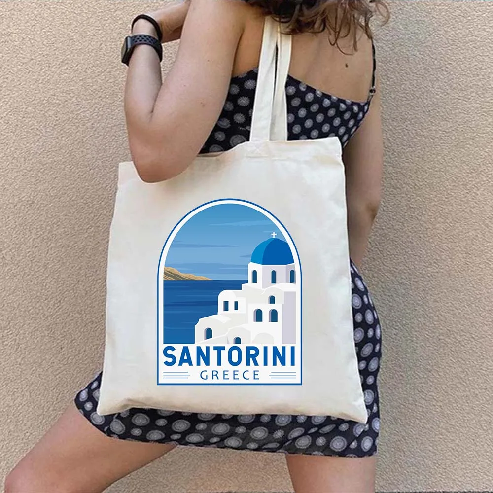 Santorini Greece Emblem Greek Evil Eye Greek Goddess Artemis Island Landscape Shopper Canvas Cotton Totes Bags Shopping Handbags