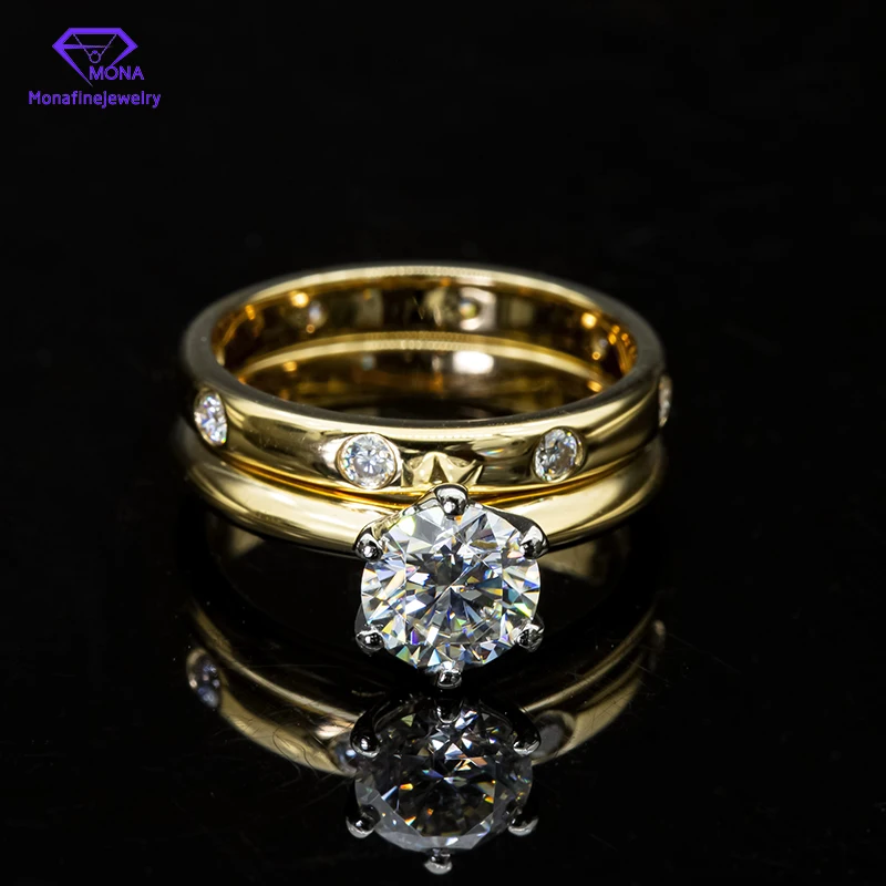 Ring Set 6.5mm Round Cut 14K Yellow Gold 6 Prongs Created Moissanite Good Shape Diamond Engagement Band