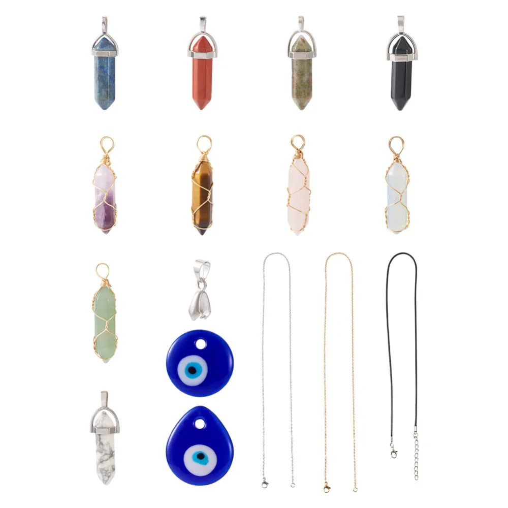 

1Set Healing Crystals Necklaces Pendant Making Kits included Natural Gemstone Pendants Lampwork Evil Eye Pendants & Waxed Cord