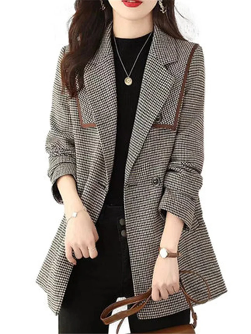 

2022 Spring Autumn New Vintage Plaid Double-sided Woolen Blazers Jackets Women's Clothing Office Lady Blazer Coats Tops fp249