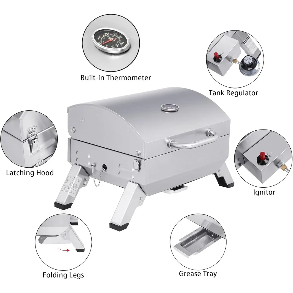 Portable Grill, 10000 BTU BBQ Tabletop Gas Grill with Folding Legs and Lockable Lid, Outdoor Camping, Deck and Tailgating,Silver