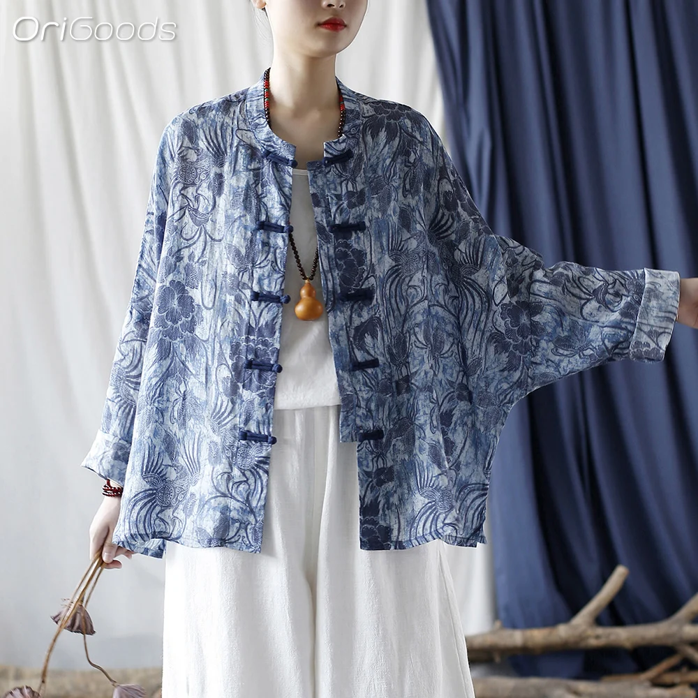 OriGoods Oversized Batwing Sleeve Shirt Women Ramie National Print Shirt Summer 2024 New Chinese Style Clothing Thin Tops X045