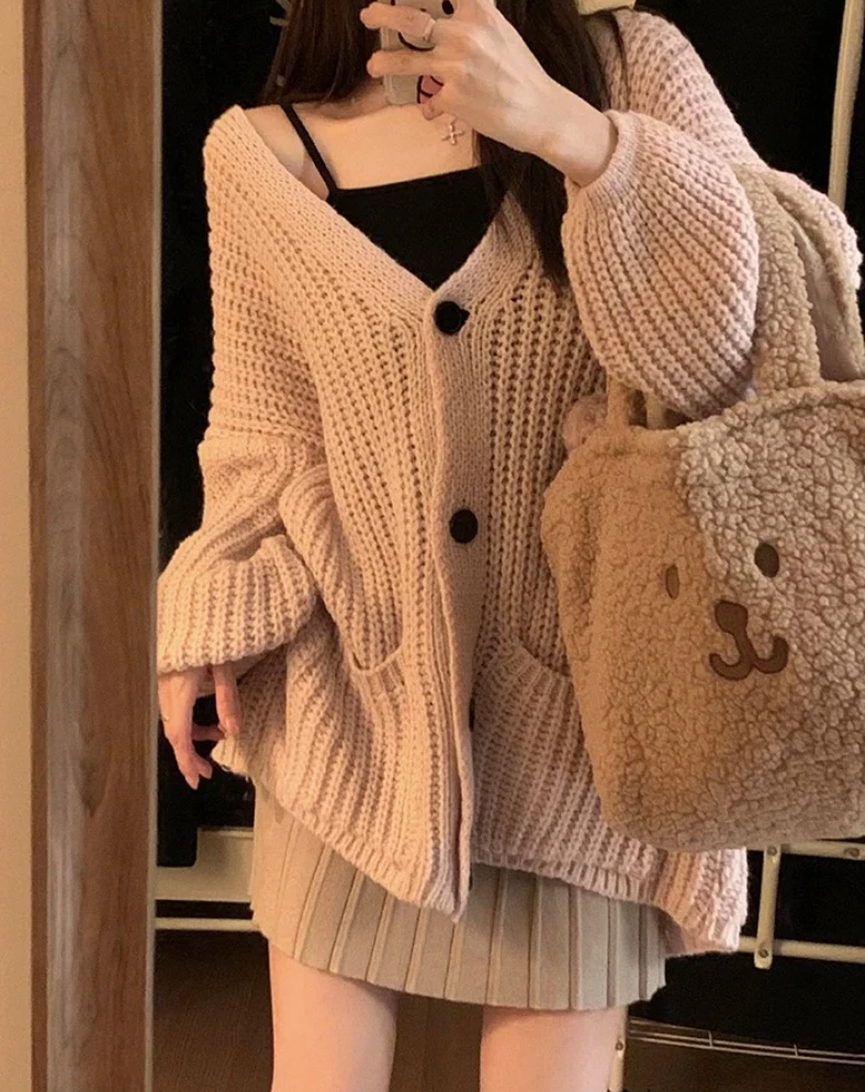 

Knit Cardigan Sweater for Women V-neck Oversized Button Up Plain Sweater Jacket Fall Winter Basic Outfit