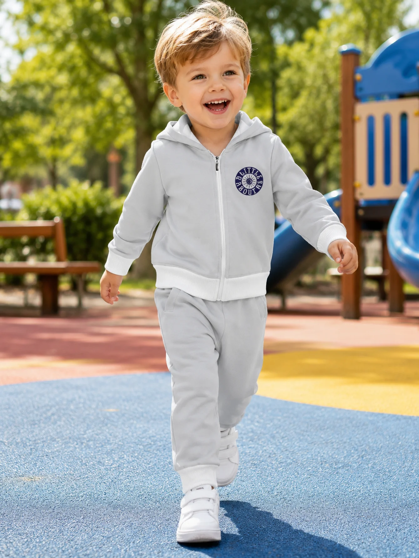 Hooded Zip Up Loose Sweatshirt Pants Set English Print Light Gray Long Sleeve Loose Fit Boys Fall Winter New Style Simple Versat