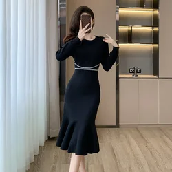 Summer Women's Long Sleeved Dress Fashion Casual Solid Color  Knitted Skirt