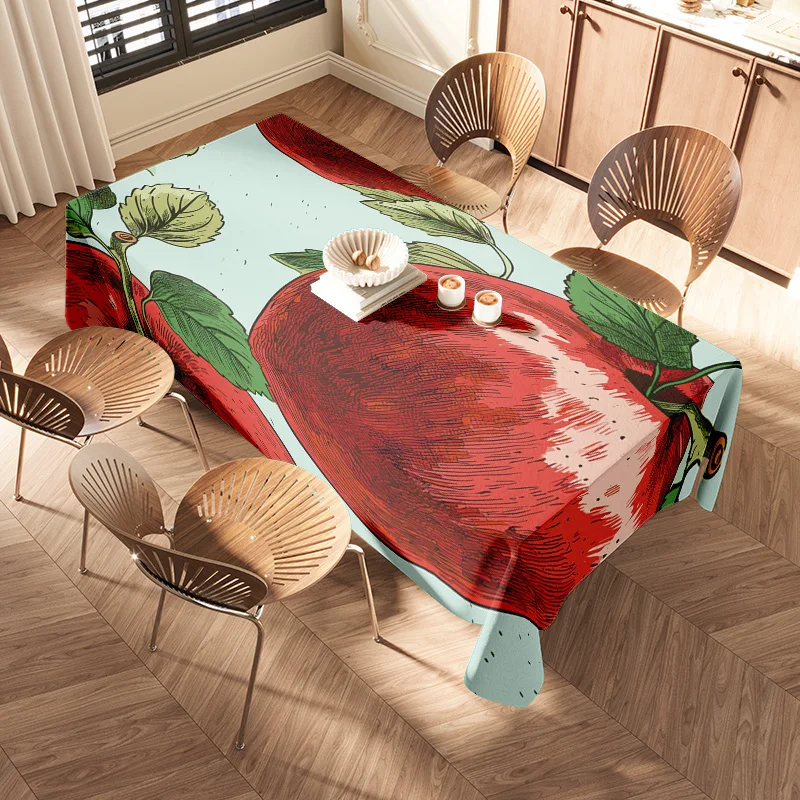 High-Quality Printed Tablecloths for Home Dining Room Decor Red Pepper Design with Green Leaves on Mint