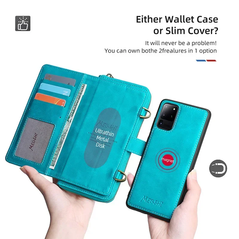 Zipper Flip Leather Case for Samsung Galaxy S25 Ultra S24 FE S23 S22 S21 S10 Plus Note 20 10 9 Magnetic Wallet Card Cover Coque