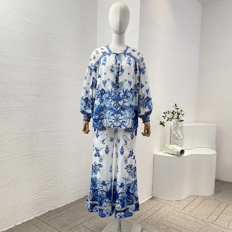 

Women's Blue and White Porcelain Floral Print Long Sleeve Diamonds Blouse Tops and Pants Set High Quality 2024