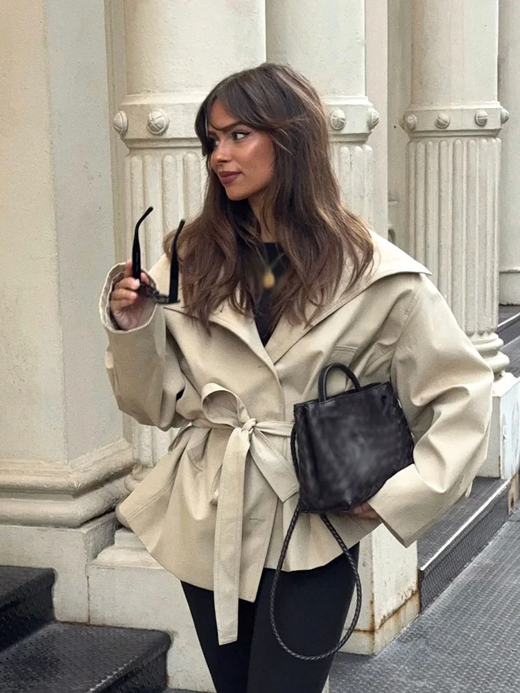 HH Mulheres Lapela High Street Casaco Curto Cinto Único Breasted Sólido Mulheres Outono Moda Bolsos Mangas Compridas Jaquetas