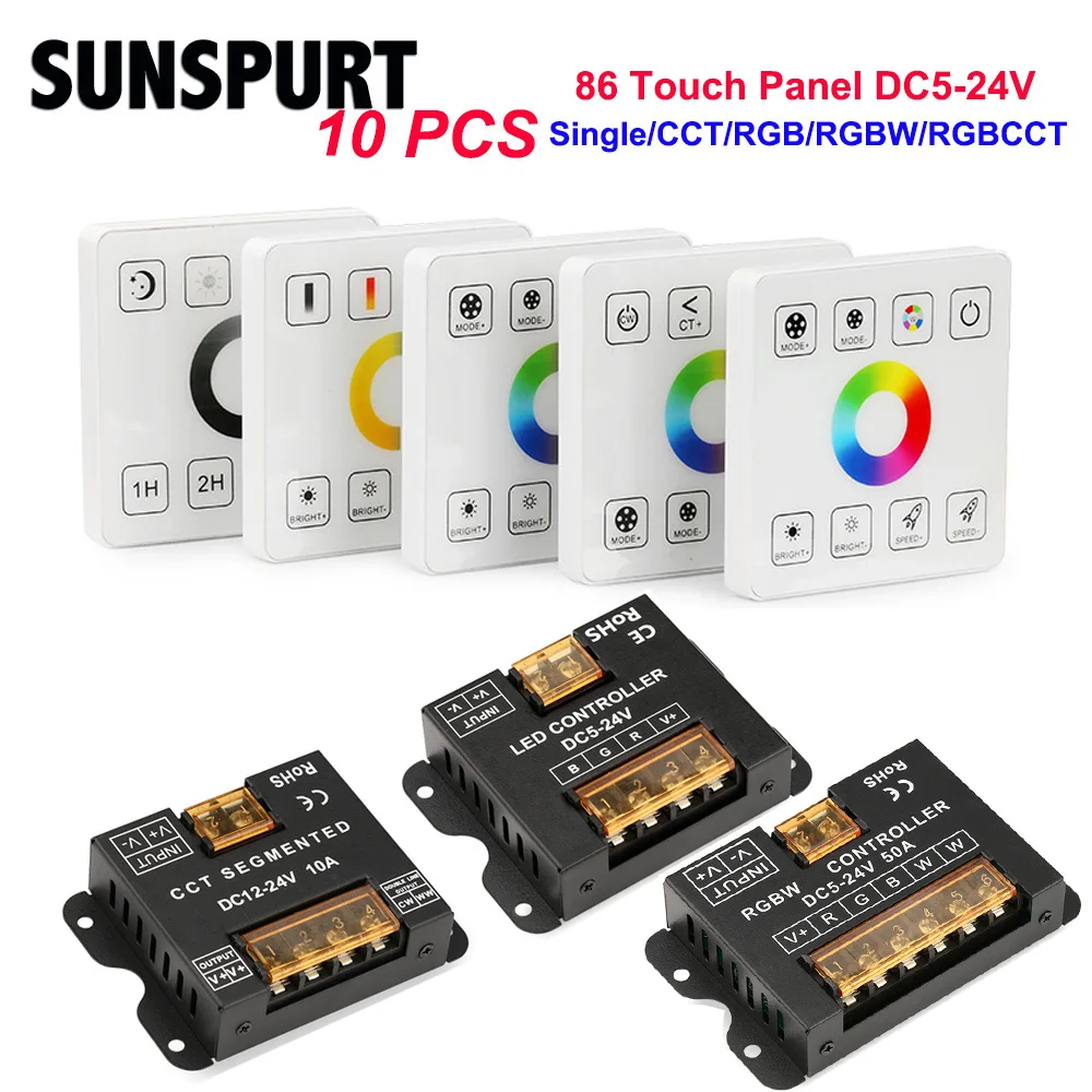 1-10PCS 2.4G DC 5V 12V-24V 86 Touch Panel Controller Monochrome DIM/CCT/RGB/RGBW/RGBCCT LED Strip Light Dimmer Glass Wall Switch