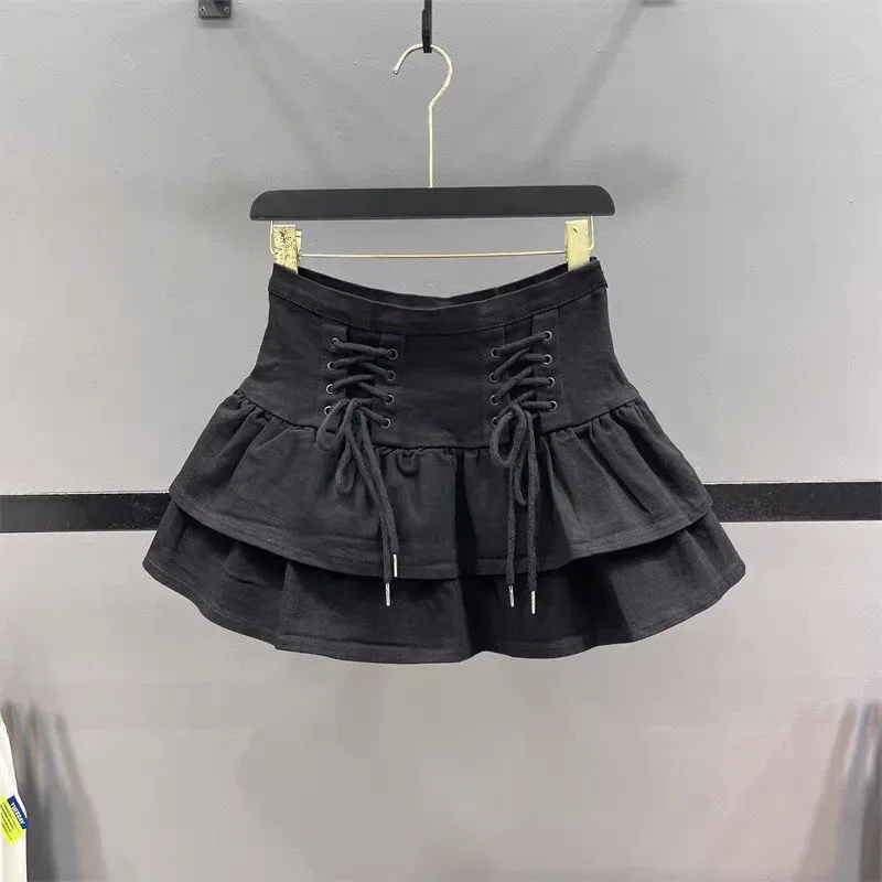 baby girls black tutu skirt summer ruffle denim skirt high waist puffy bandage lace up jeans skirts kids clothes 3 to 16 years