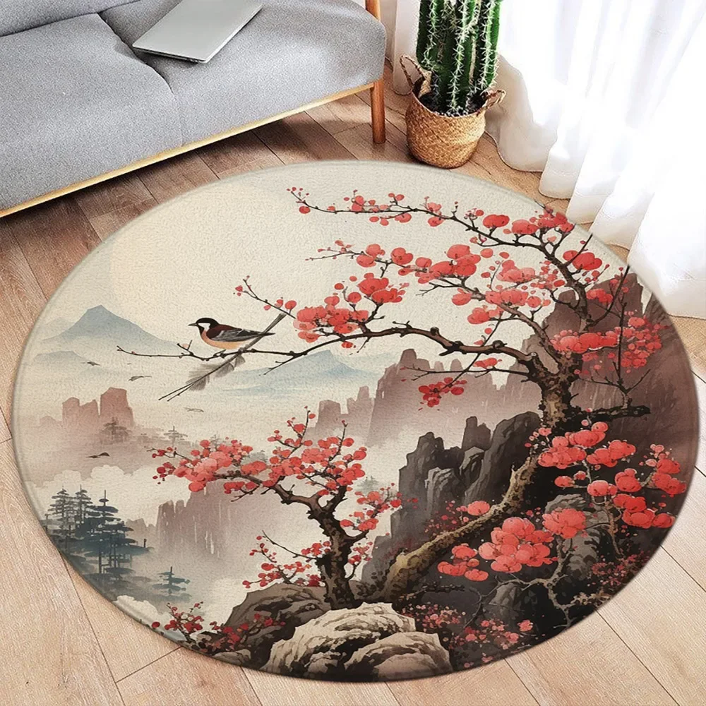 Japanese Style Round Carpet Koi Fish Lotus Cherry Blossom Flower Mountain Water Ink Art Home Living Room Bedroom Decor Floor Rug