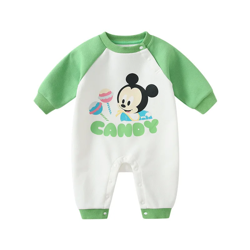 

MINISO Mickey Spring Baby Bodysuit Raglan Long Sleeves Unisex Sports Style Soft Cotton Kawaii Casual Infant Rompers 0-1 Years