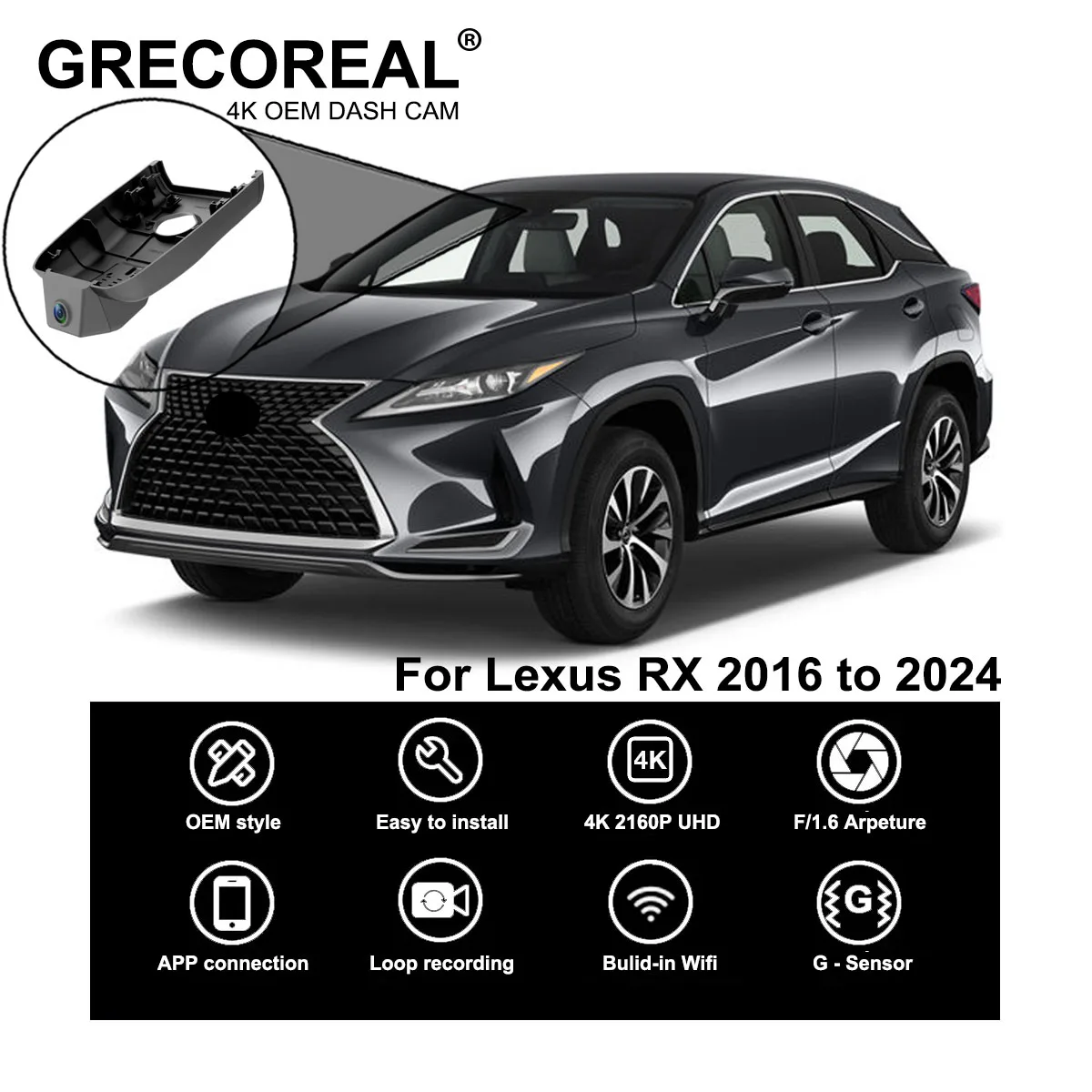 GRECOREAL 4K Dash Cam Front and Rear 2160P WiFi Car Dual Dashcam APP Control Easy Install Plug Play Compatible with Lexus RX