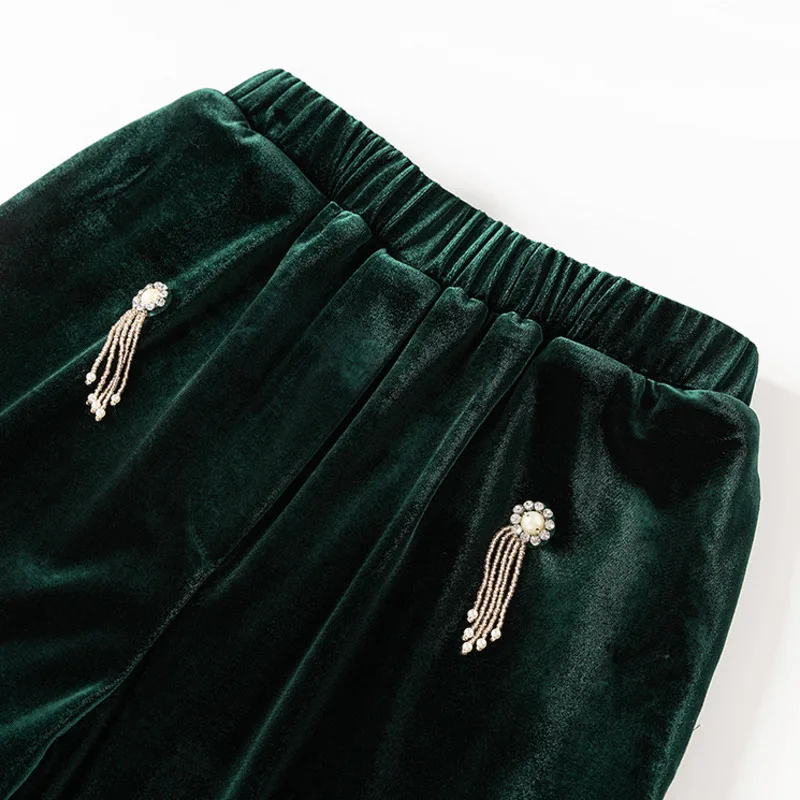 HKSH ربيع الخريف جديد المرأة قطعتين مجموعة المخملية مطرز حزام السترة مرونة الخصر بنطال ذو قصة أرجل واسعة الاتجاه الأنيق دعوى HK14479