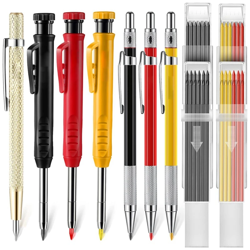 Mechanical Carpenter Pencils Set With Marker Refills And Carbide Scriber Tool, Solid Deep Hole Woodworking Pencils Durable