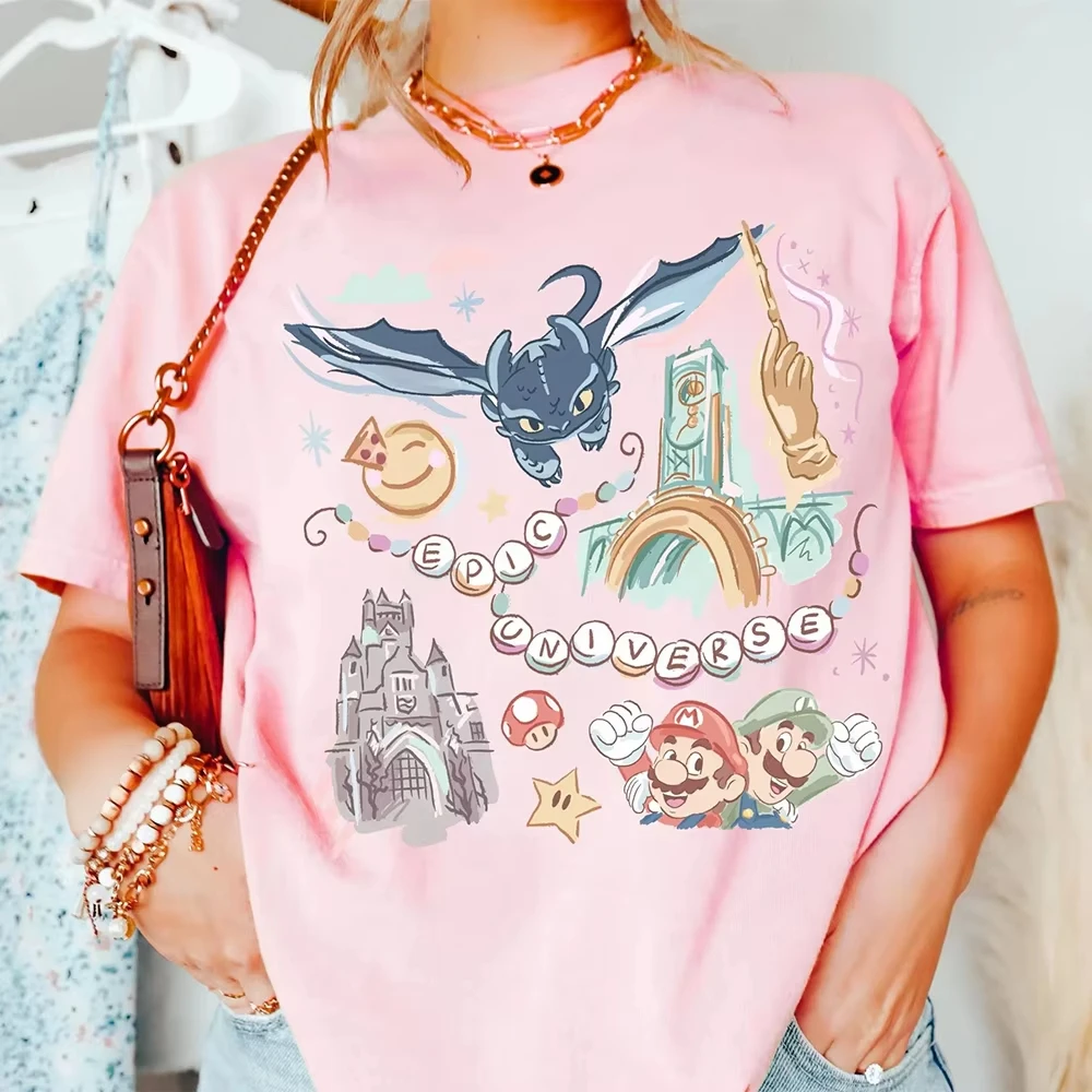 2025 ديزني ريترو الأسرة قميص للنساء الصيف فضفاضة وتنفس القطن جولة الرقبة تي شيرت Y2K اليومية مريحة #1