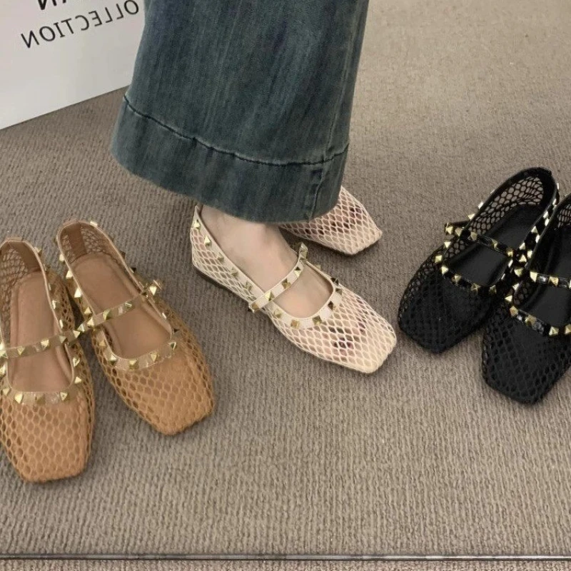 

2025 Summer Rhinestone Mesh Hollow Sandals Women Flats Shallow 2025 New Mary Jane Shoes Comfort Luxury Female Flat Shoes