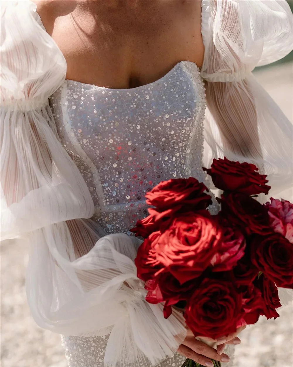 Robe de Mariée Sirène en Satin à Paillettes Élégante, Longue, Gaine Trapèze, Poignées Plissées, pour Patients Amovibles, Personnalisée