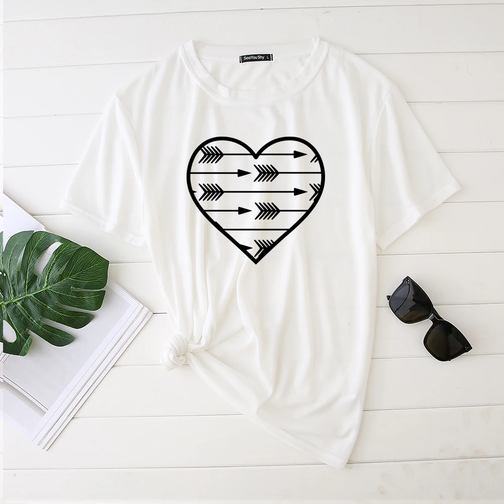 Seeyoushy Heart Arrow Print Valentines Day Woman Tshirts Fashion Graphic T Shirts Streetwear Short Sleeve Clothes Camiseta Mujer