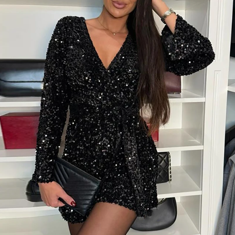 2024 Elegant High Waist Lace Up Shorts Playsuits New Long Sleeved Slim Sexy Romper Fashion Shiny Sequin V Neck Women's Jumpsuit