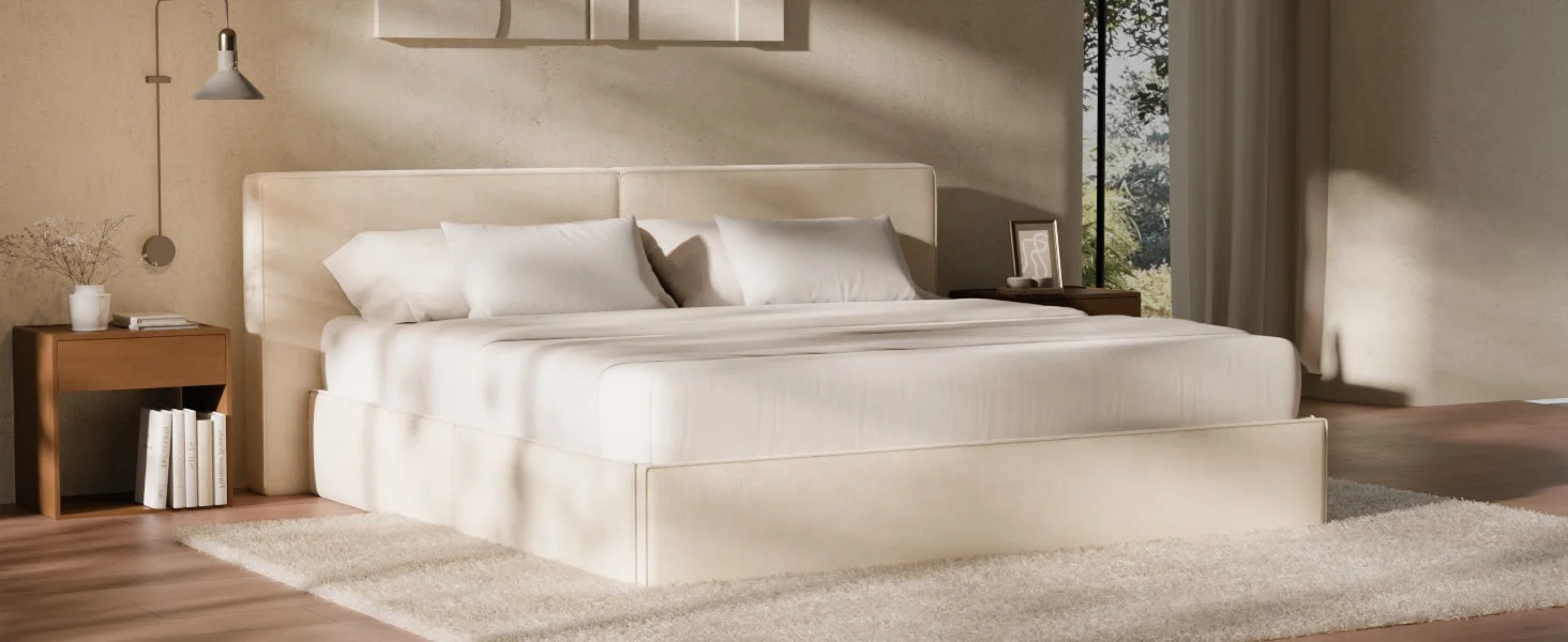 soft fabric bed frame for urban apartments, master bedrooms, attics, kids, guest and seniors