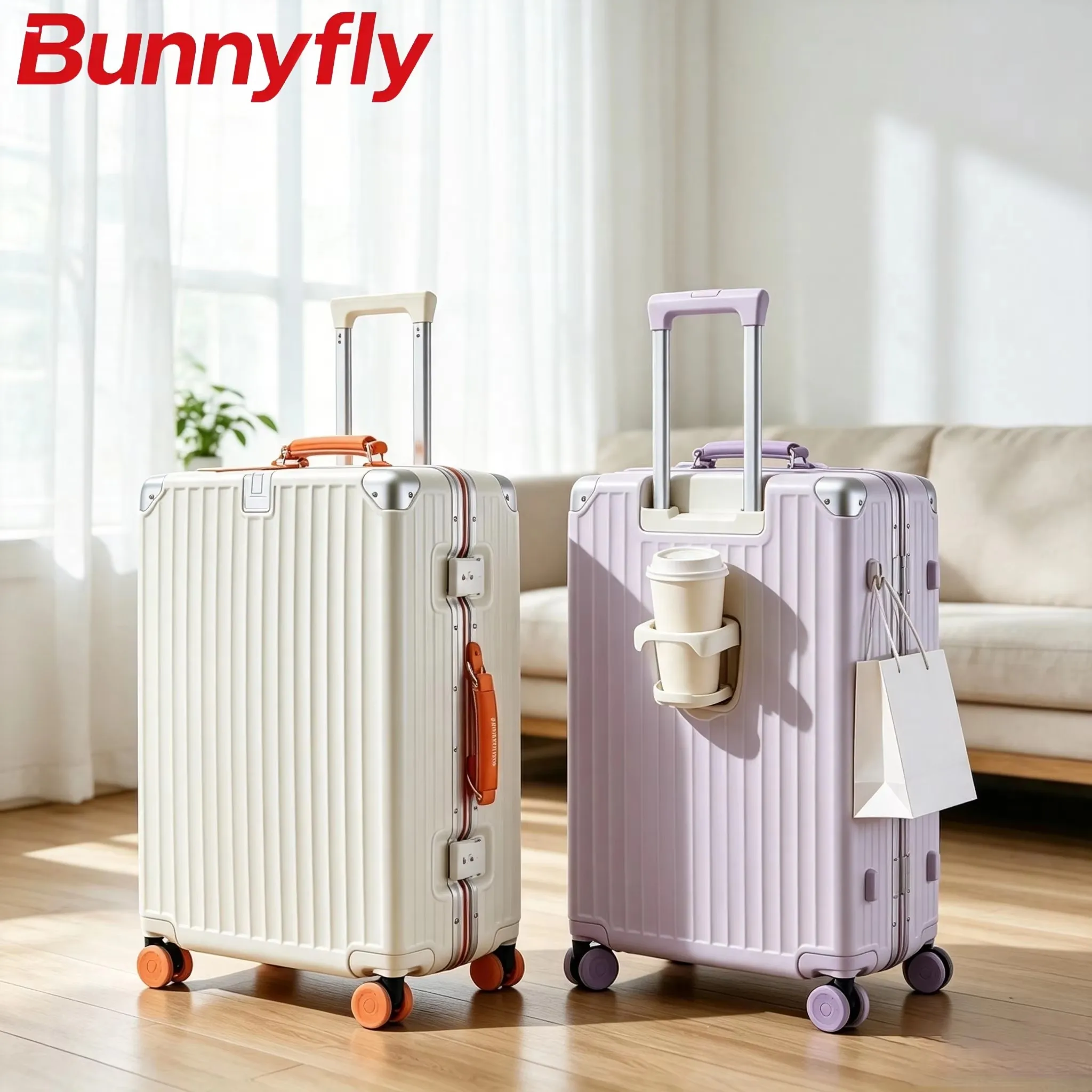 BunnyFly Soft Leather Handle Rolling Luggage Hard Shell PC Material Suitcase with Aluminum Frame TSA Lock Women Travel 20/24inch