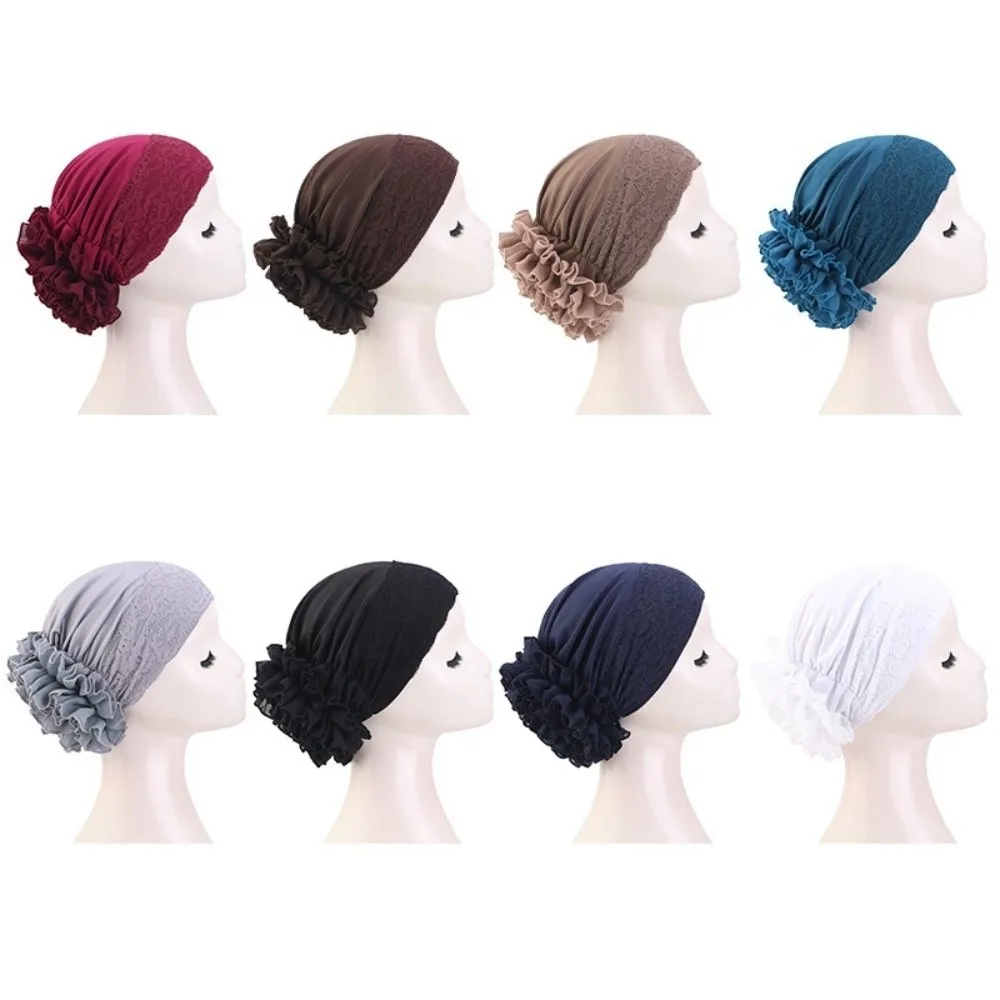 Elegant Solid Color Lace Head Scarf Soft Elastic Turban Hat Large Flowers Ruffle Design Pullover Hat Women Headwear