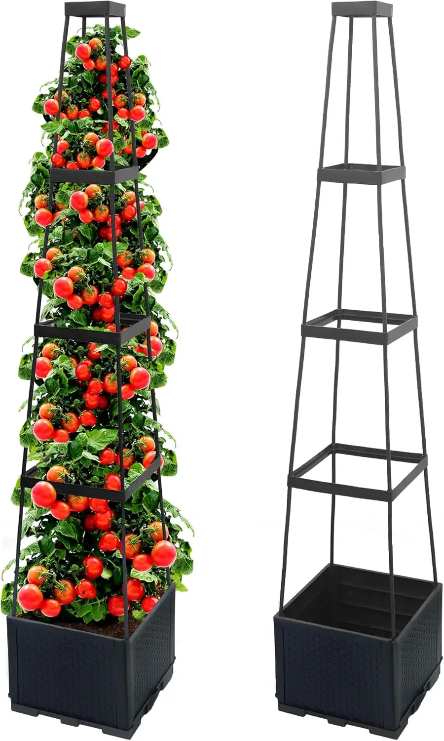 عبوتان من صندوق زراعة الطماطم لسرير الحديقة المرتفعة مع تعريشة، قفص طماطم ذاتي السقي مقاس 15.8 بوصة مع تعريشة شبه منحرفة للتسلق