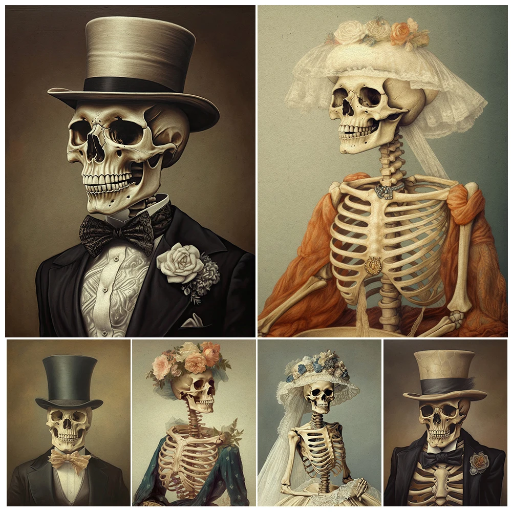 

Mr. Skeleton And Ms. Skeleton Vintage Wall Art Canvas Painting Victorian Gothic Skeleton Portrait Art Poster Print Home Decor