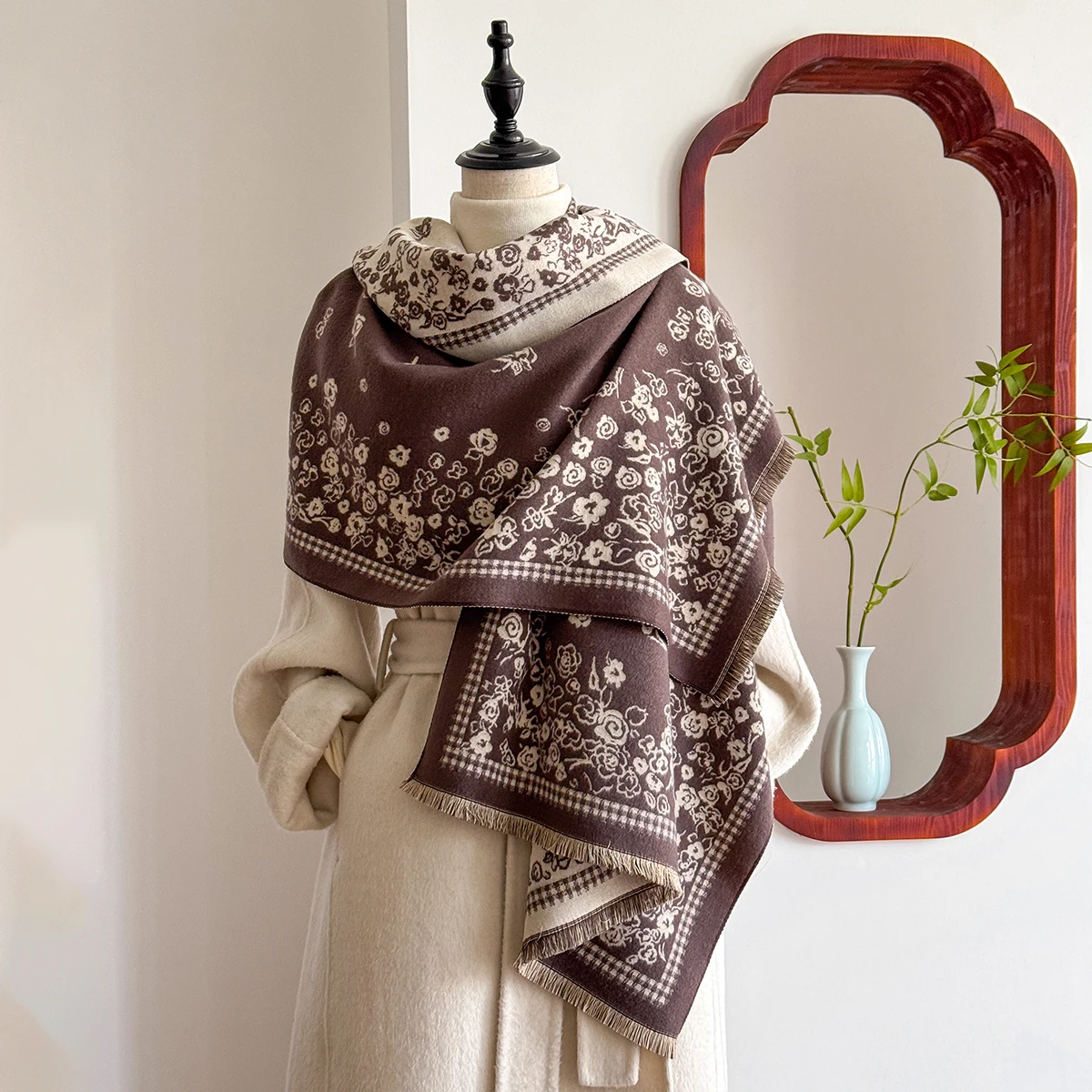 

Зимний роскошный женский двусторонний шарф из пашмины с цветочным жаккардом, имитация кашемира, толстый теплый дизайн для повседневной носки