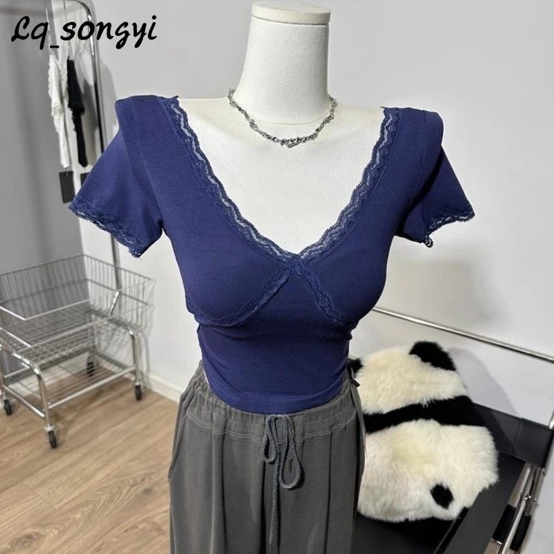 Lq_songyi Spitze V-Ausschnitt enge T-Shirts hohe Treppe Kurzarm koreanische Pop feste Tops Sommer Frauen elegante kurze schlanke T-Shirt