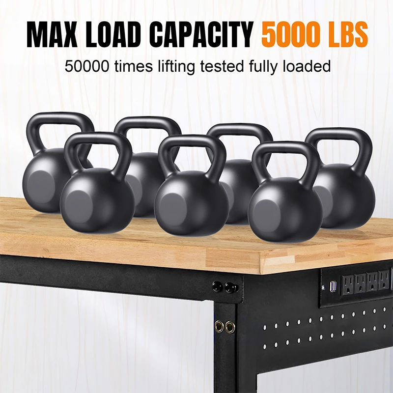 منضدة عمل قابلة للتعديل مقاس 72 بوصة، طاولة عمل خشبية مطاطية شديدة التحمل بوزن 5000 رطل مع لوحة بيجب بمنفذ طاقة لورشة المرآب المنزلية #4