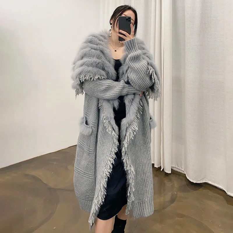 

Women Luxury Fox Fur Collar Long Cardigan Autumn Winter Knitted Coats Opening Sweater DBL5414