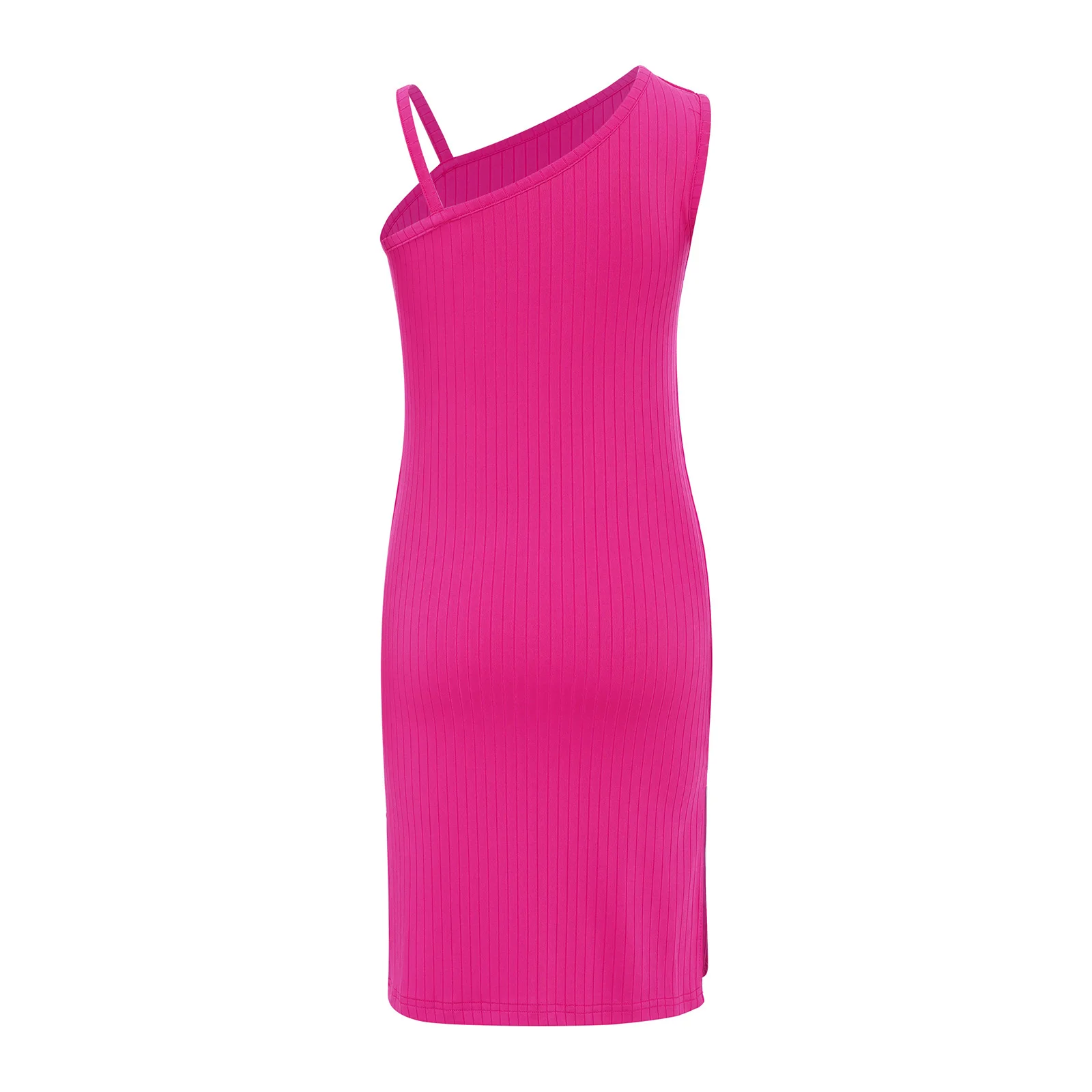 Kids Girls Dress Beach Sundress Asymmetrical Shoulder Sleeveless Ribbed Texture Sides Slit Bodycon Dress for Holiday Vacation