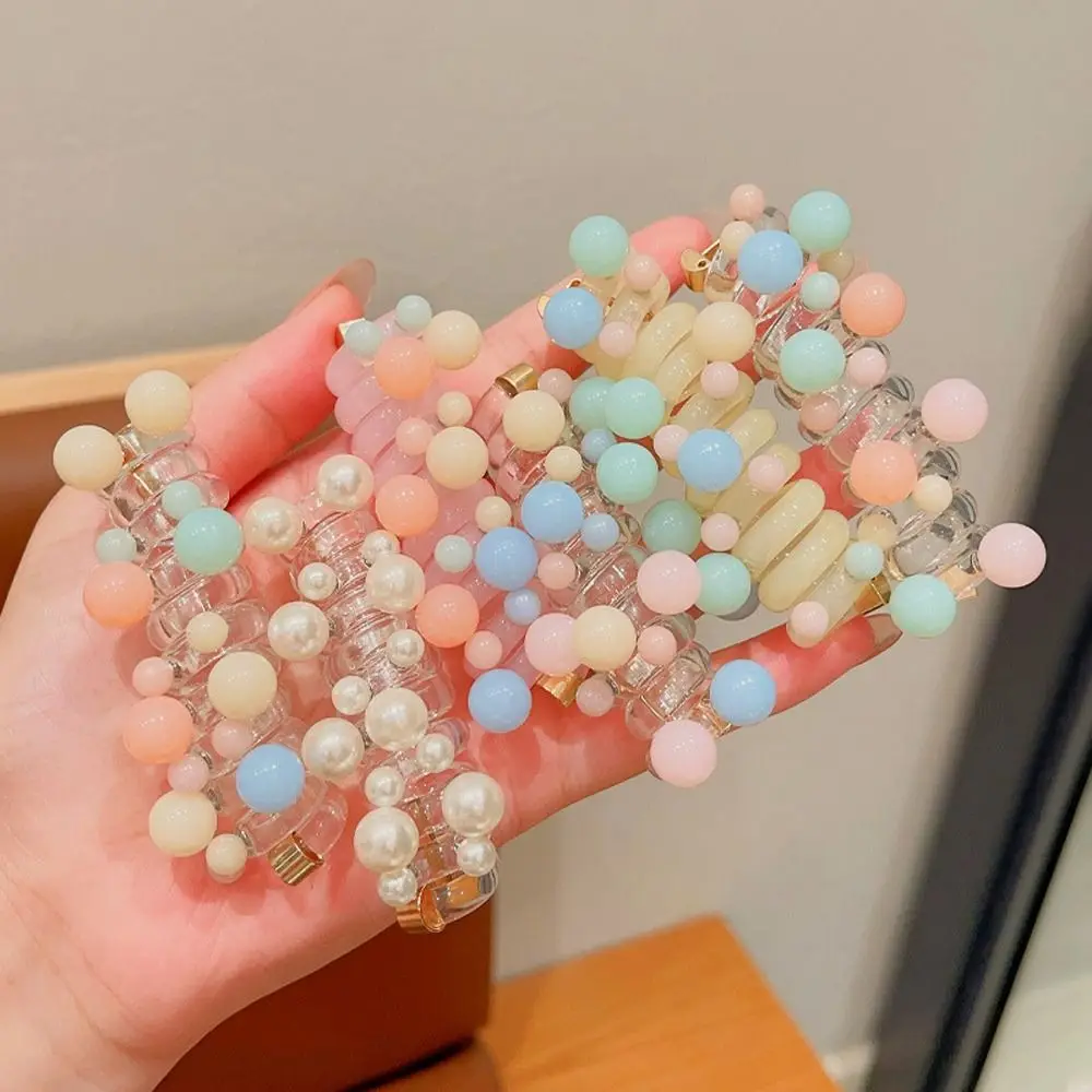 

Beads Telephone Line Hair Rope Elastic Korean Style Transparent Ponytail Holder Rubber Band Straight Pearl Hair Ring Party