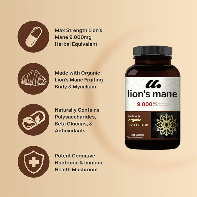Lion Mane Mushroom Capsules - Using Organic Lion Mane Powder Extract - Cognitive Brain Puzzle and Immune Health Support