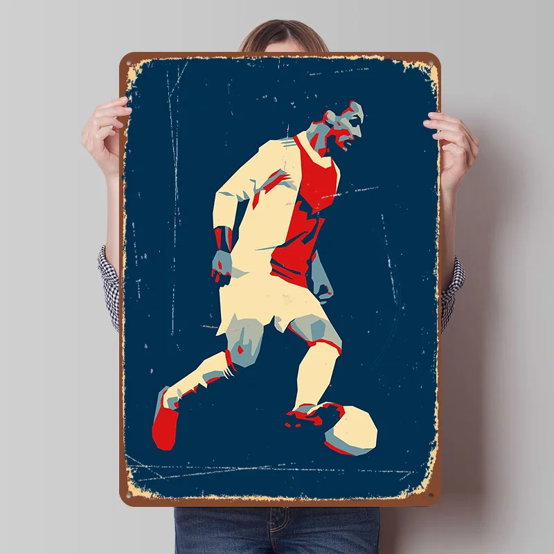 Soccer Player in Action Metal Poster Customized Wall Art Retro Vintage Tinplate Signs for Man Cave Coffee Bar Accessories Decor