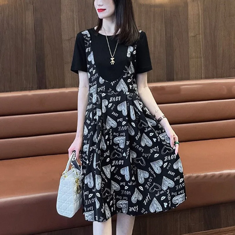 

Fashion O-Neck Printed Spliced Loose Folds Mini Dress Women's Clothing 2023 Summer New Oversized Fake Two Pieces Casual Dresses