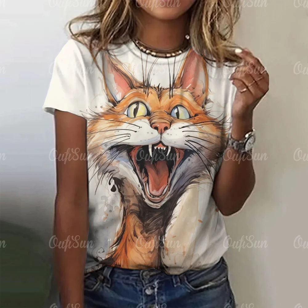 女性のための面白い猫のパターンのTシャツ,3D動物のプリントブラウス,ラウンドネックの特大トップス,半袖,カジュアルな夏のファッション