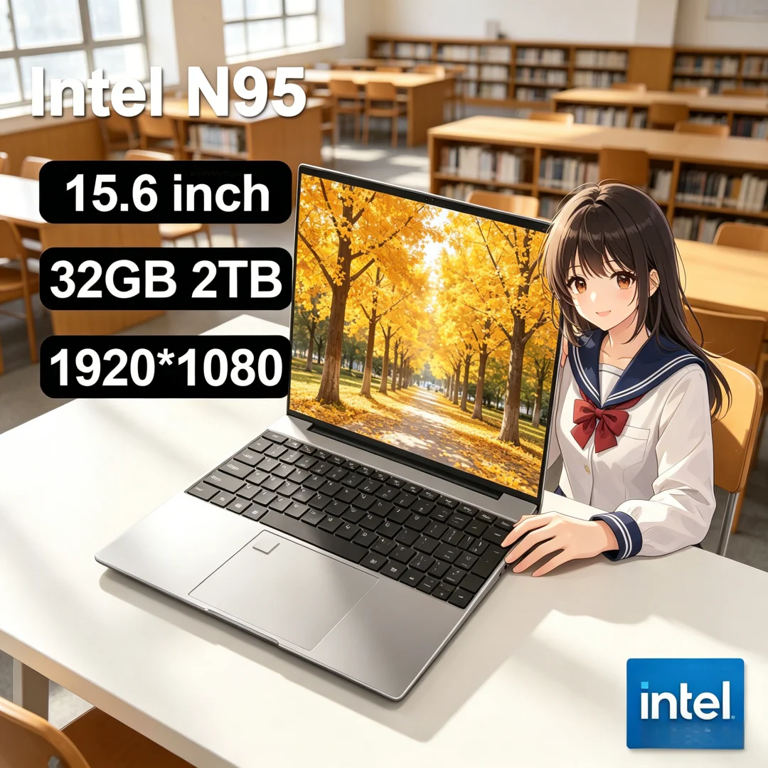 Sturdy 15.6" Intel N95 Portable Laptop Windows11 Notebook 32GB DDR4 2TB SSD Pc Gamer Office Computer with Backlit Fingerprint