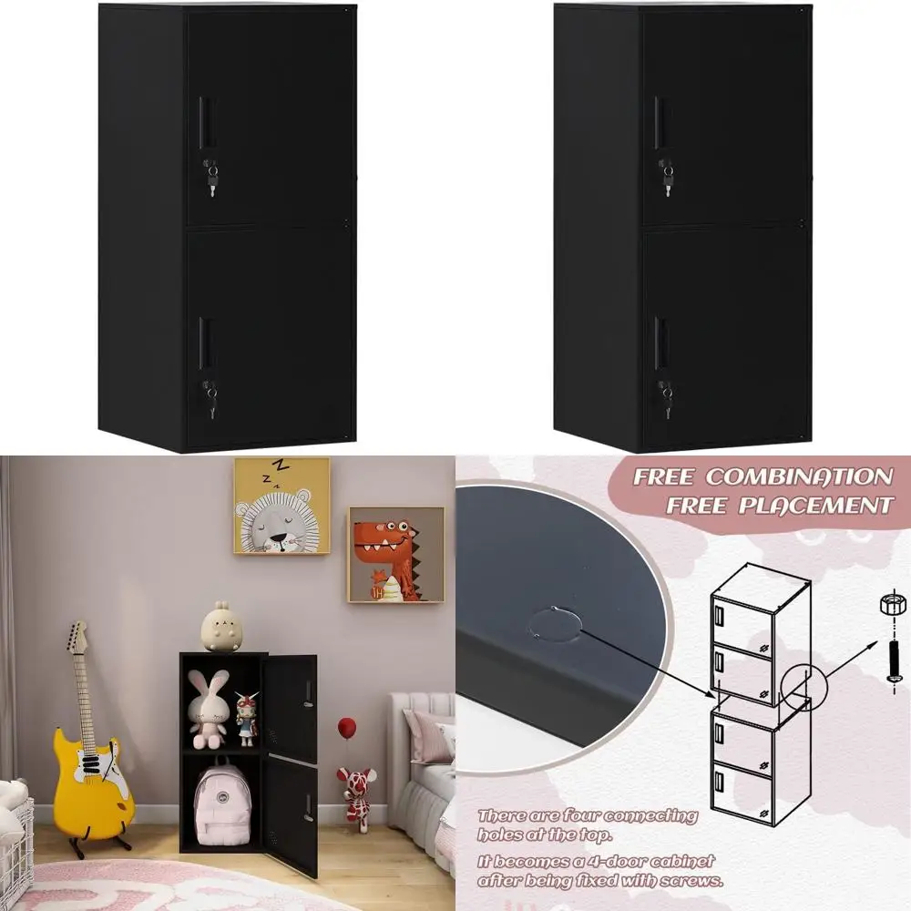 

2-Door Metal Storage Locker for Kids, Bedrooms, Schools, Offices - Stackable, Black, Anti-Rust