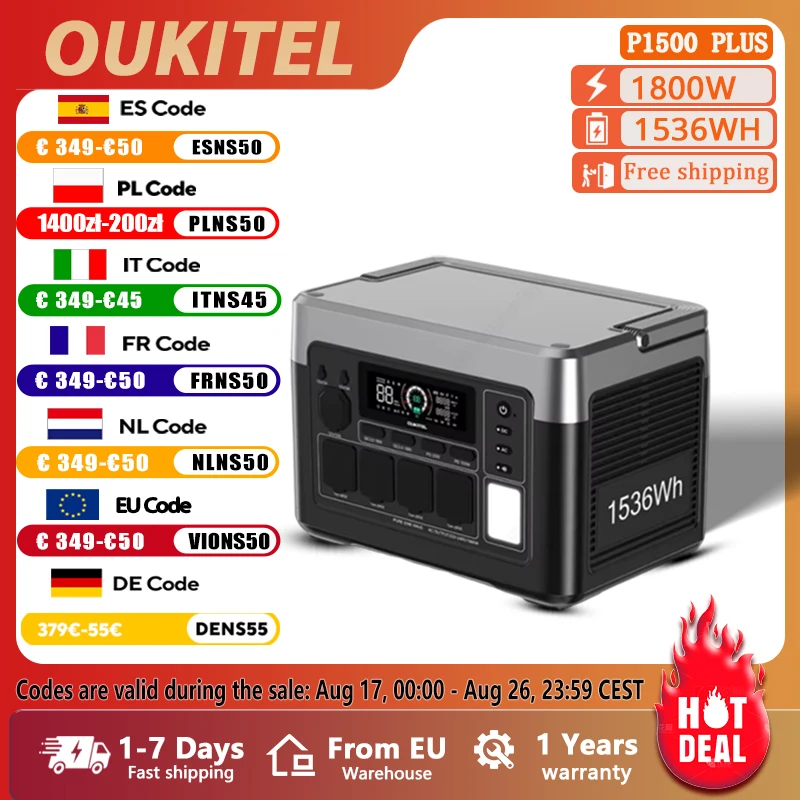 OUKITEL P1500E PLUS Przenośna Stacja Zasilania 1800W Generator Solarny 1536Wh Bateria Lifepo4 do Domu, Awaryjnych Sytuacji, Kempingu na Zewnątrz, Kampera