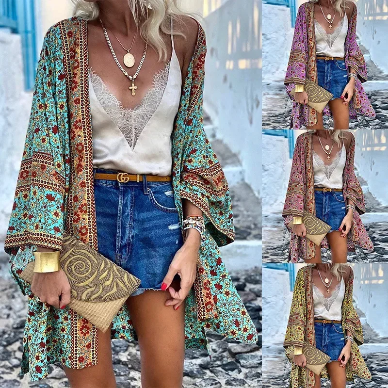 Böhmische Langarm Frauen Strickjacke Sommer offene Front Blumen bedruckte Bluse Kimono weibliche lässige lose Strand oberteile plus Größe